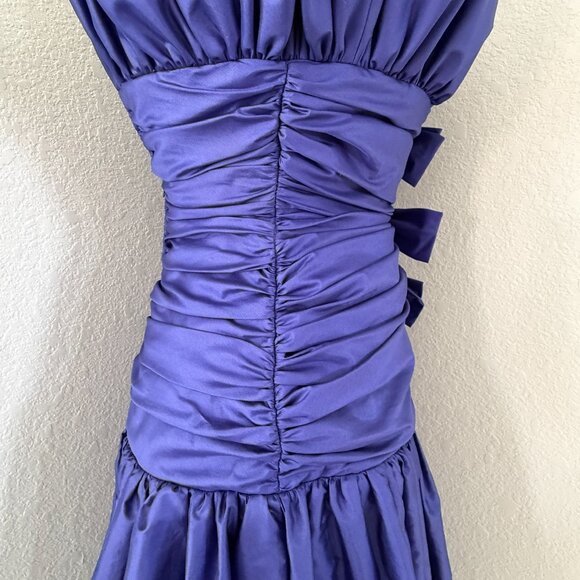 VINTAGE 80s Prom Glam Nili Martin Ruched Bow Strapless Purple Party Dress Sz XS - Picture 11 of 16